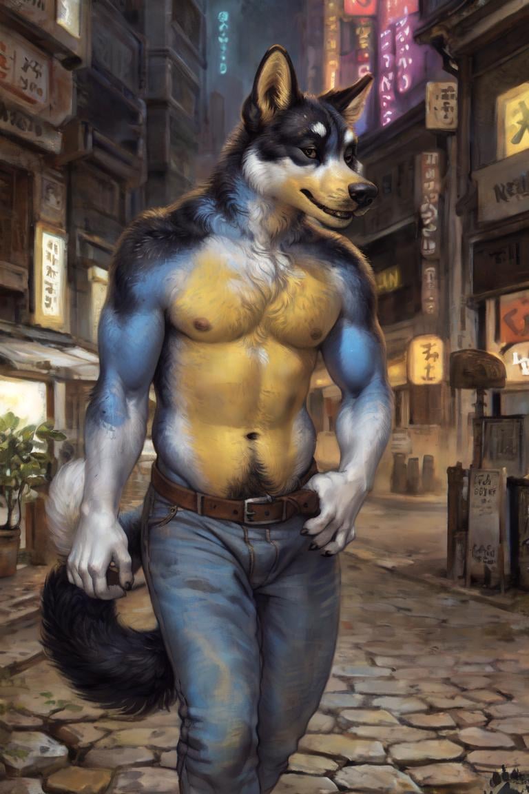 (by rukis, by blotch, by personalami, by honovy, by zackary911), male, solo, safe, (bandit heeler), australian cattle dog, canid, clothed, topless, jeans, blue body, blue fur, yellow fur, tail, paws, claws, standing, happy trail, tokyo, street, akihabara, neon lights, yellow chest