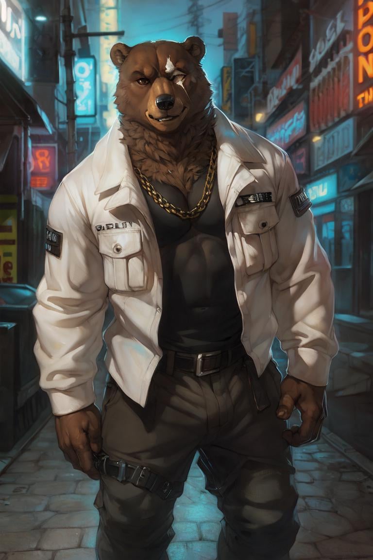 (by tojo the thief, by Darkgem, by Oouna, by honovy, By TheBigSlick, By phinnherz), bear, ursid, ben (zenless zone zero), explicit, anthro, male, solo, clothed, jacket, black shirt, topwear, bottomwear, streetwear, tokyo, street, neon lights, akihabara facial scar, chain, 