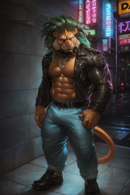 lion, felid, arsalan, mane, (by tojo the thief, by Darkgem, by Oouna, by honovy, By TheBigSlick, By phinnherz), explicit, anthro, male, solo, clothed, leather jacket, tokyo, cyberpunk, akihabara, neon lights, pink eyes