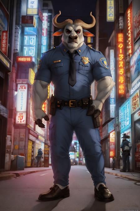 (by spiritd, by honovy, by zenthetiger, by zaush), chief bogo, male, cape buffalo, solo, necktie, safe, clothed, police uniform, standing, horn, muscular, city, street, tokyo, akihabara, neon lights, night