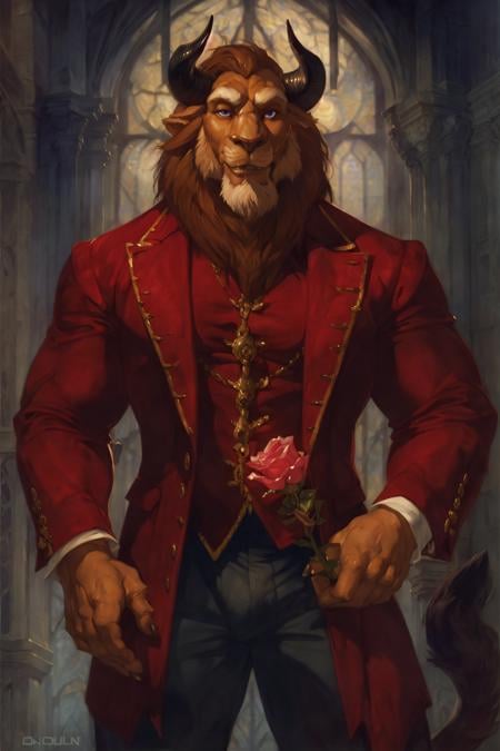 (by Darkgem, by Oouna, by honovy, By TheBigSlick, By phinnherz), male, beast (disney), solo, front view, clothed, clothing, wearing victorian suit, suit, fancy, bottomwear, muscular, horn, tail, lion tail, cathedral, moonlight, night, rose, holding object