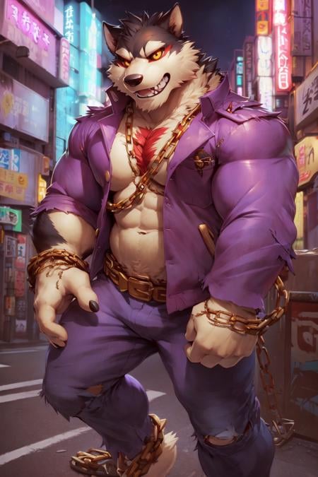 (by null-ghost, by darkgem, by kumak), male, solo, werewolf, (garmr), clothed, markings, black sclera, yellow eyes, chain, wearing west, open jacket, partially clothed, purple clothing, tokyo street, akihabara, neon lights