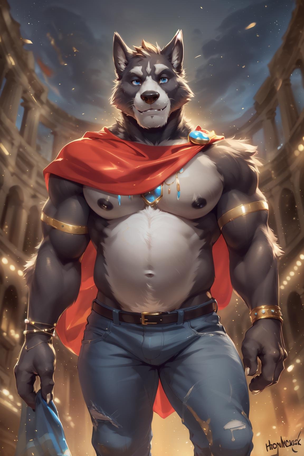 (by null-ghost, by thebigslick, by darkgem, by honovy), amicus \(adastra\), male, wolf, solo, cape, cloak, necklace, jewelry, bracers, muscular, black fur, white fur, blue eyes, markings, coliseum, front view, clothed, jeans