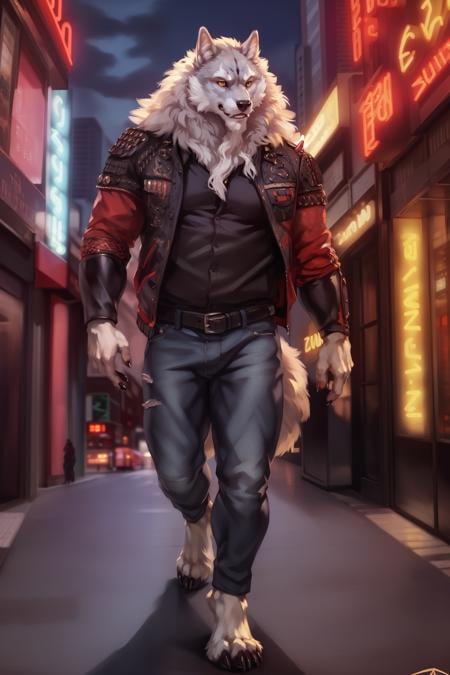 (by zephyxus, by oouna, by honovy, by personalami, by thebigslick) male, wolf law (sdorica), solo, wearing jacket, pants, solo, muscular, colar, fancy, black shirt, night, city, tokyo, street, akihabara, neon lights, goatee, 