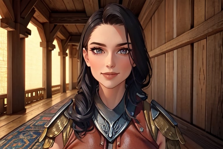 1 girl, close up, smile, close up, wooden walls, wooden pillars, Taven, table, tankard, armour, sword, 