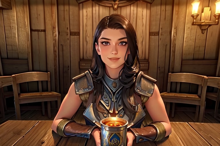 1 girl, close up, smile, close up, wooden walls, wooden pillars, Taven, table, tankard, armour, sword, paintings, torch, sword, inn, drinking, ale, mead, chairs, tables, music, open fire,