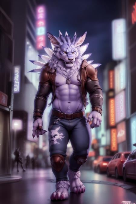 (by personalami, by null-ghost, by honovy) male, lion, felid, solo, wearing jacket, pants, digimon, solo, wolf, weregarurumon, muscular, stripes, colar, fancy, black shirt, night, city, tokyo, street, akihabara, neon lights