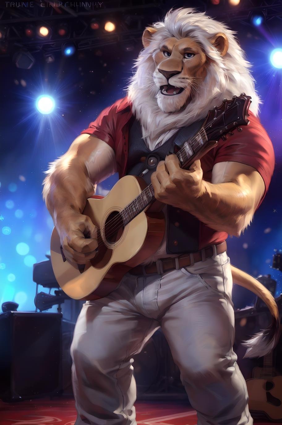 (by taran fiddler), (by darkgem:0.8), (by chunie:1), masterpiece,detailed fur, portrait, seductive, looking at viewer, singing, mouth open, (anthro claycalloway:1.2), lion, (detailed pixar eyes:1.2), detailed eyes, male,standing, relaxed, musclegut, white hair, holding guitar,(detailed stage background), (inside), <slora:add_detail:0.3>,  <lora:LoraClaycallowayBY_claycalloway:1>