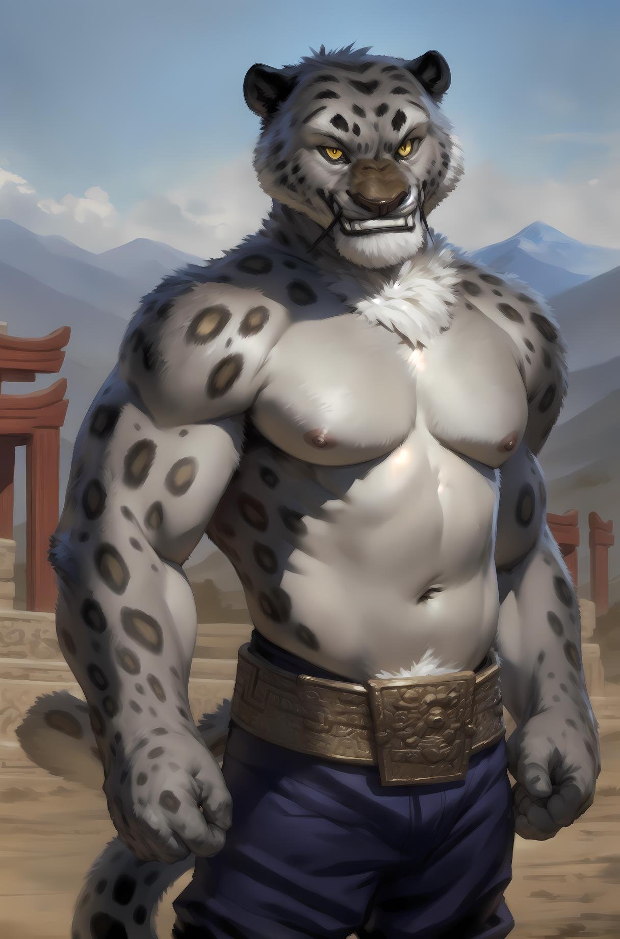 (by taran fiddler), (by darkgem:0.8), (by chunie:1), masterpiece,grey fur, nipples, navel, portrait, seductive, looking at viewer, smile, grin, teeth, (tailung:1.2), snow leopard, (gold eyes), detailed eyes, male, solo, anthro, standing,(detailed temple background), Chinese temple, afternoon,  <lora:LoraTaiLungBY_tailung:1.2>, Purple pants, brown sash, 