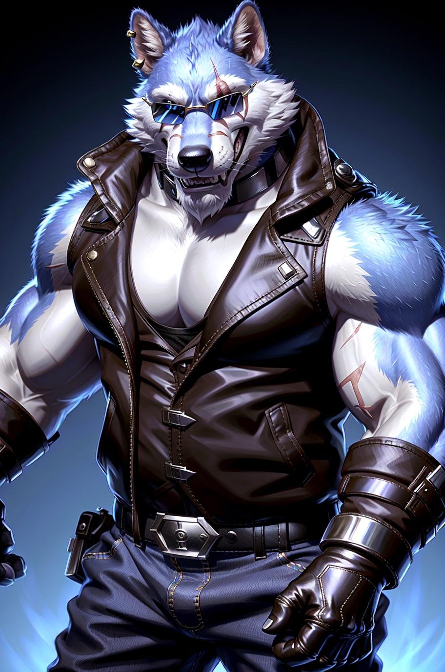 (by taran fiddler), (by darkgem:0.8), (by chunie:1), masterpiece,(clothes), portrait, seductive, looking at viewer, smile, grin, (freddy), wolf, blue fur, freddy sunglasses, (detailed pixar eyes:1.2), male, solo, anthro, ear piercing, jacket, eye scar, (big muscles), (big pecs), gloves, vest,(detailed night hellish background), <lora:add_detail:0.3>,  <lora:LoraFreddyBY2_freddy:1>