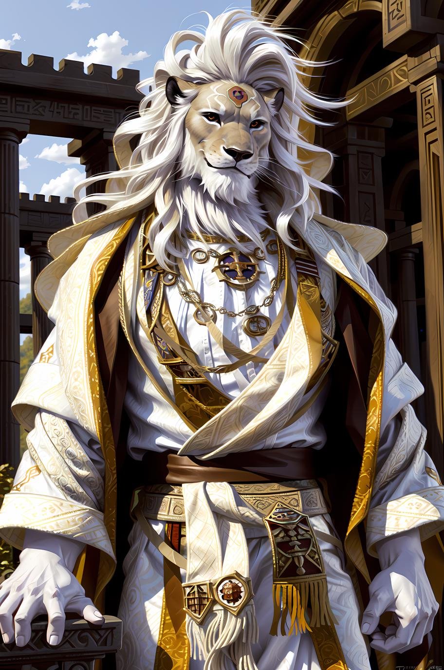 (by taran fiddler), (by darkgem:0.8), (by chunie:1), masterpiece,clothing, robe, sash, portrait, seductive, looking at viewer, smile, grin,  (javid:1.2), lion, (detailed pixar eyes:1.2), black sclera, detailed eyes, male, solo, anthro, epic, white fur, hair, (detailed temple background), <lora:add_detail:0.3>, <lora:LoraJavidBY_javid:1>