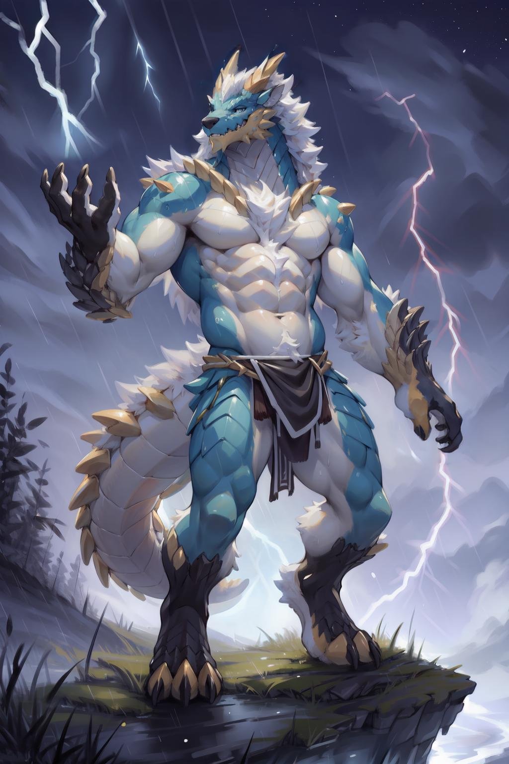 [(white background:1.5),::7] hexagon, zinogre, dragon, loincloth, magic light, (standing,raised arm), mid shot, full body, in forest, (lightning,rain,wind), sky, detailed moon, light particles, night, starry sky, <lora:gachaSplashLORA_gachaSplash31:1>, (by kenket)(by Pino Daeni), <lora:zinogre_mix2:1>