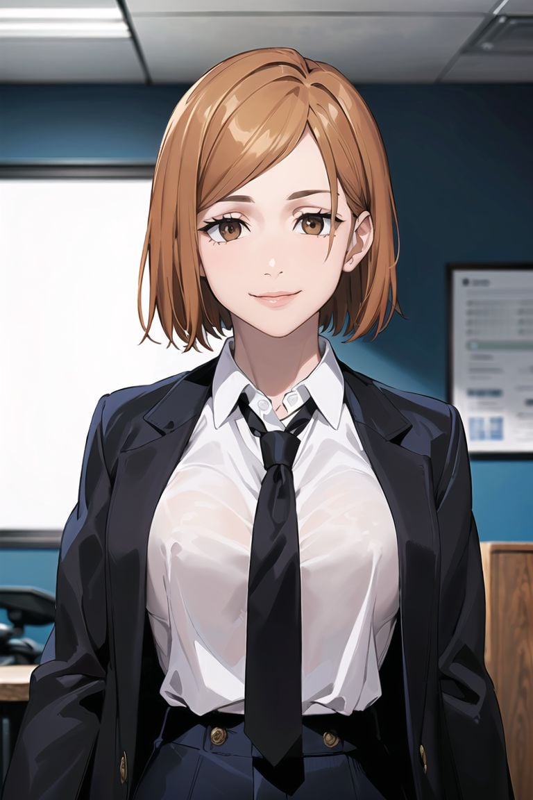 ((best quality)), ((highly detailed)), masterpiece, ((official art)), detailed face, beautiful face, (nobara kugisaki, brown eyes, (seductive smile), lips,shirt, white shirt, looking at viewer, black necktie, (black pants:1.1), thigh gap, necktie, medium breasts, pants, collared shirt, (upper body),(office), long sleeves, standing, closed mouth, (shirt tucked in:1.2),dress shirt,(black coat:1.2),(open coat:1.2),(formal),(high pants),intricately detailed, hyperdetailed, blurry background,depth of field, best quality, masterpiece, intricate details, tonemapping, sharp focus, hyper detailed, trending on Artstation,1 girl, high res, official art <lora:SegundoIntento_Nobara-15:0.7>