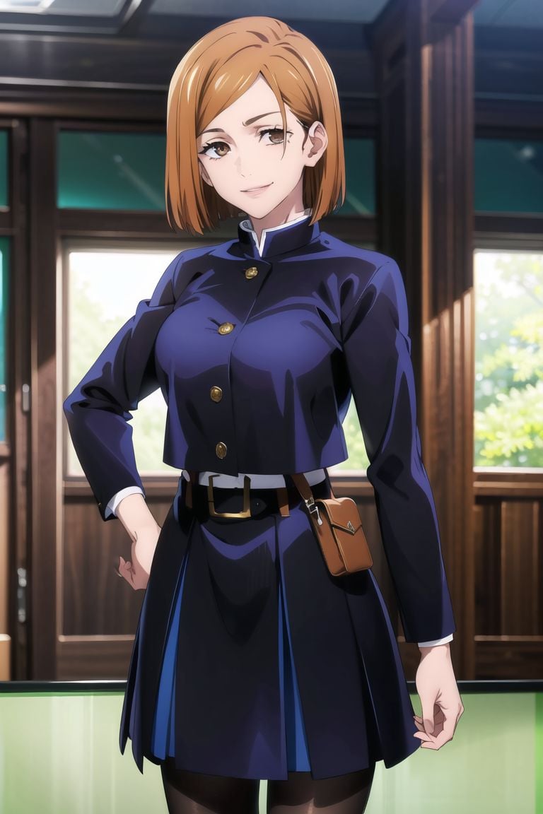 ((best quality)),  ((highly detailed)),  masterpiece,  ((official art)),  detailed face,  beautiful face,  (detailed eyes,  deep eyes), (cowboy shot), nobara kugisaki, brown eyes, jujutsu kaisen, school uniform, blue jacket, blue skirt, brown belt, pantyhose, evil smile, scenery, indoors, window, intricately detailed, hyperdetailed, blurry background, depth of field, best quality, masterpiece, intricate details, tonemapping, sharp focus, hyper detailed, trending on Artstation, 1 girl, high res, official art, <lora:nobara-15:0.8>