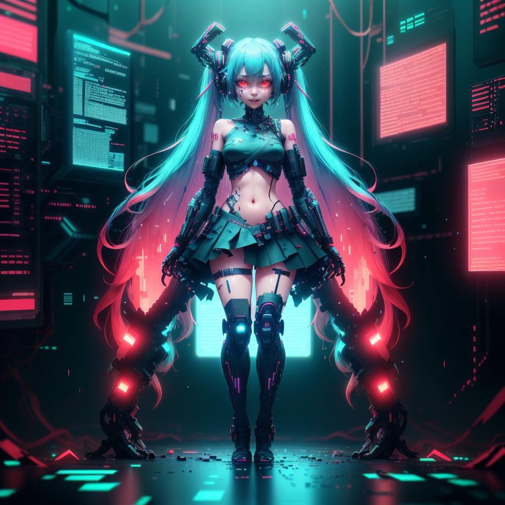 <lora:MalwareTech-22:0.9>, matwaretech  , scifi, cyberpunk, pixelated,  malware glitch,  synthetic skin, colored skin, 1girl, glowing eyes, hatsune miku,full body, very long hair,   red hair, 