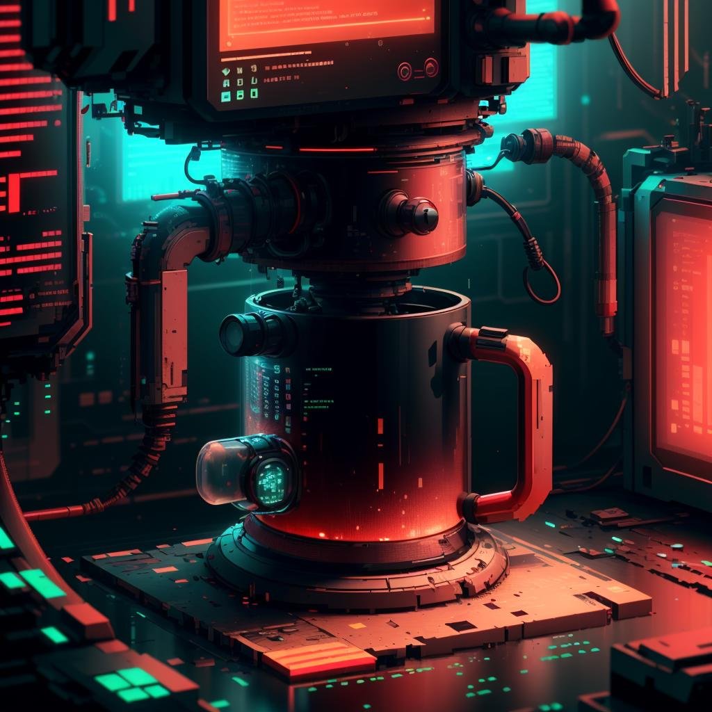 <lora:MalwareTech-22:0.9>, matwaretech , scifi, cyberpunk, pixelated, malware glitch, red hues , (coffee machine:1.1) , 