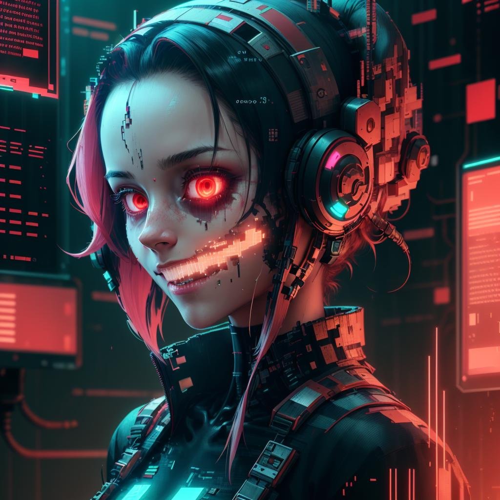 <lora:MalwareTech-22:0.9>, matwaretech  , scifi, cyberpunk, pixelated,  malware glitch,  creepy ,1girl, glowing hair ,