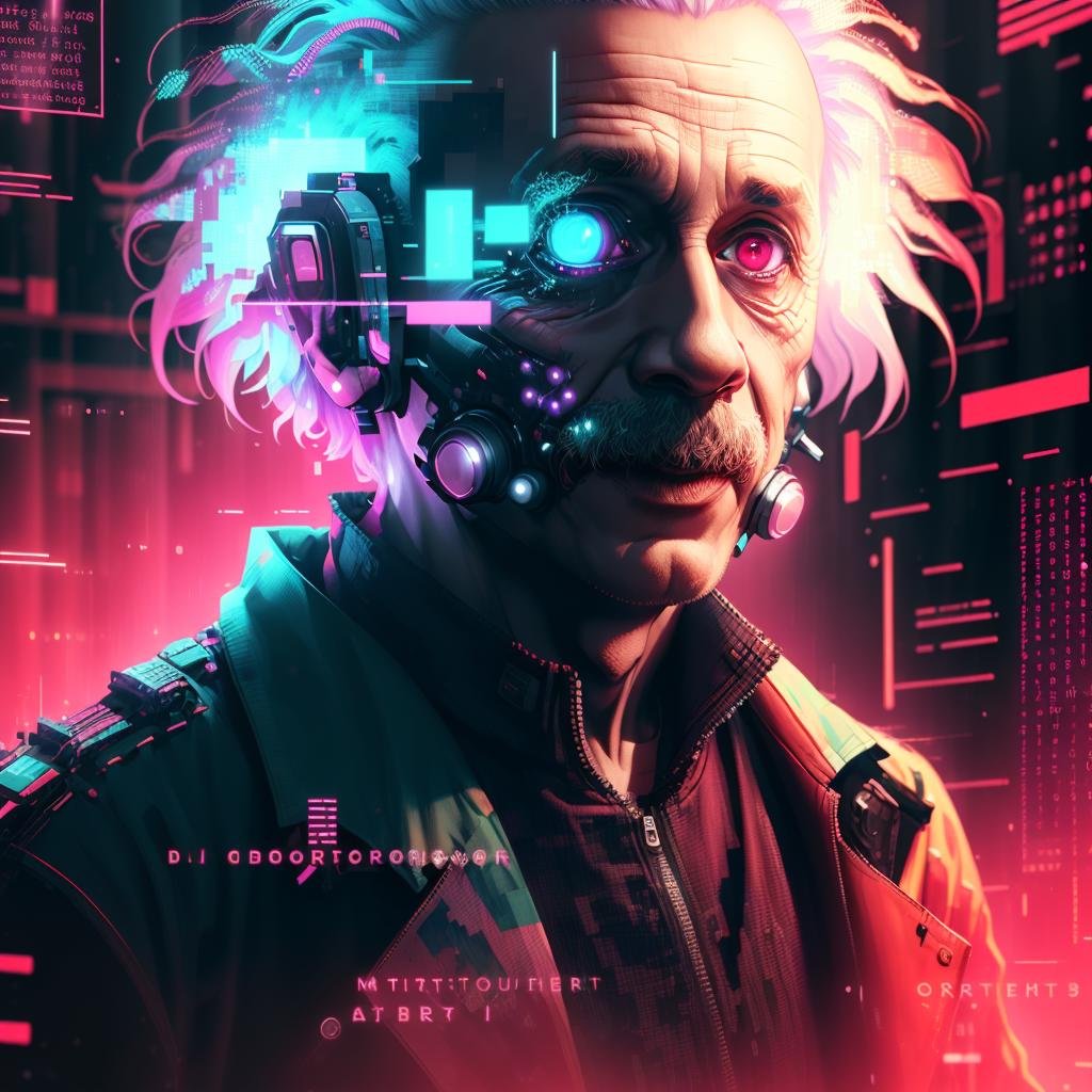 <lora:MalwareTech-22:0.9>, matwaretech  , scifi, cyberpunk, pixelated,  malware glitch,  creepy , Albert Einstein, <lora:Albert Einstein:0.8> , scientist coat, 