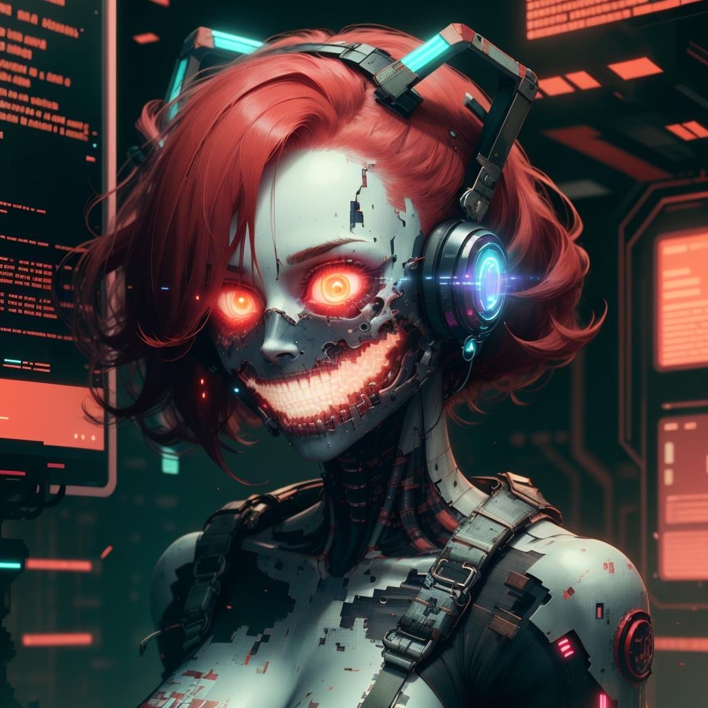 <lora:MalwareTech-22:0.9>, matwaretech  , scifi, cyberpunk, pixelated,  malware glitch,  creepypasta ,1girl, glowing hair ,red hair, 