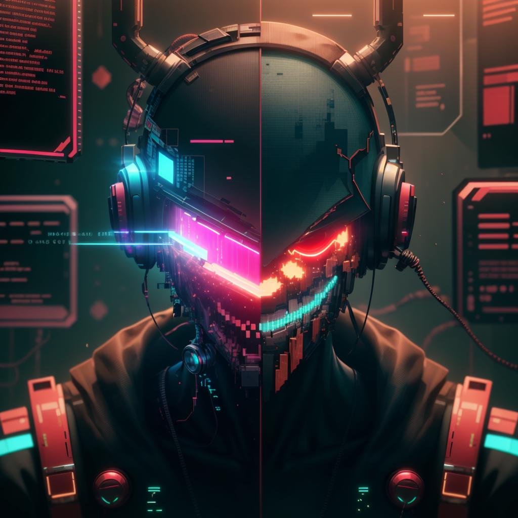 <lora:MalwareTech-22:0.9>, matwaretech  , scifi, cyberpunk, pixelated,  malware glitch,  holding a smartphone, neon mouth mask,  helmet, visor, 