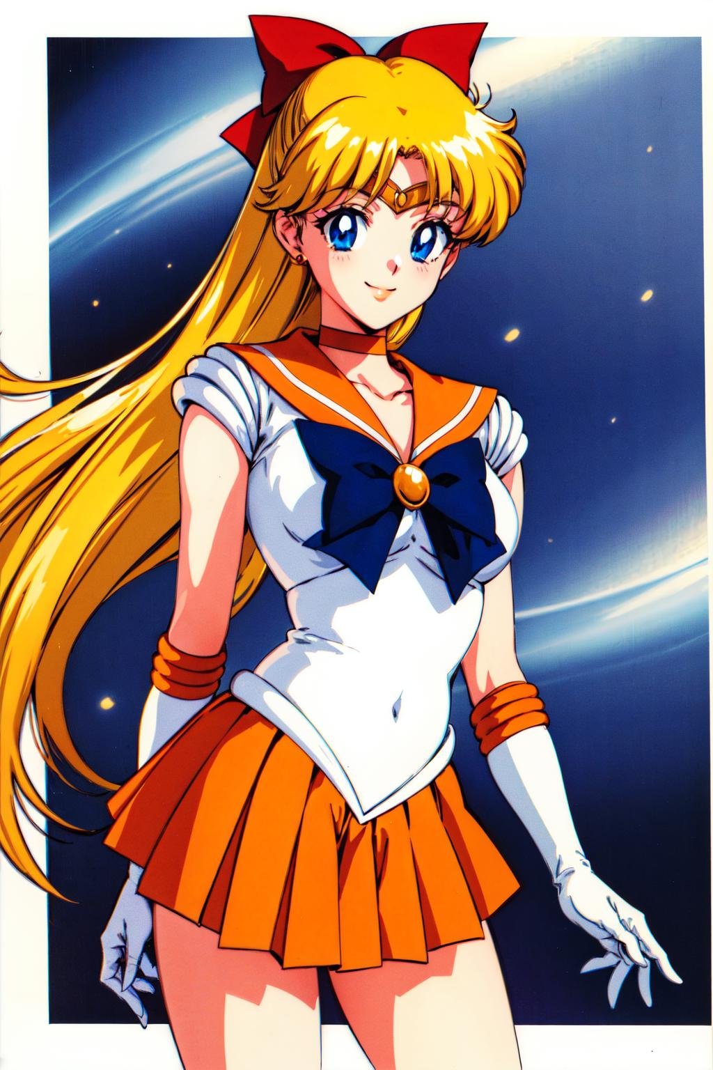 masterpiece, best quality, highres, sv1, sailor senshi uniform, orange skirt, elbow gloves, tiara, pleated skirt, orange sailor collar, red bow, orange choker, white gloves, jewelry, <lora:sailor_venus_v2:0.7>, (1990s \(style\):0.9), cowboy shot, smile