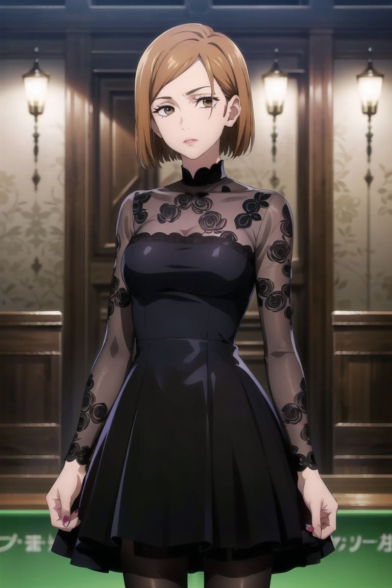 ((best quality)),  ((highly detailed)),  masterpiece,  ((official art)),  (cowboy shot), nobara kugisaki, brown eyes, floral print, rose print, dress, long sleeves, skirt, see-through sleeves, ((black dress)), print dress,  black skirt, nail polish, scenery, indoors, ballroom, intricately detailed, hyperdetailed, blurry background, depth of field, best quality, masterpiece, intricate details, tonemapping, sharp focus, hyper detailed, trending on Artstation, 1 girl, high res, official art, <lora:CuartoIntentoNobara-15:0.8>