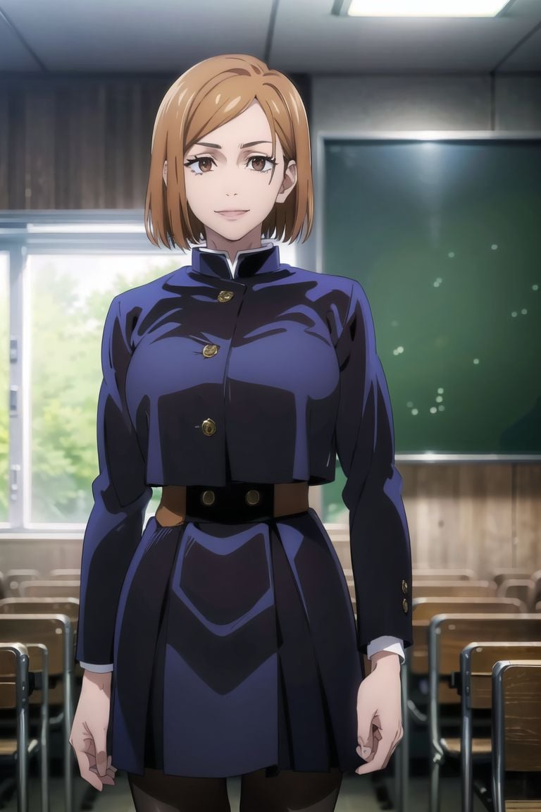 ((best quality)), ((highly detailed)), masterpiece, ((official art)), detailed face, beautiful face, (detailed eyes, deep eyes), (cowboy shot), nobara kugisaki, brown eyes, jujutsu kaisen, school uniform, blue jacket, blue skirt, brown belt, pantyhose, evil smile, scenery, indoors, window, intricately detailed, hyperdetailed, blurry background, depth of field, best quality, masterpiece, intricate details, tonemapping, sharp focus, hyper detailed, trending on Artstation, 1 girl, high res, official art, <lora:CuartoIntentoNobara-15:0.8>