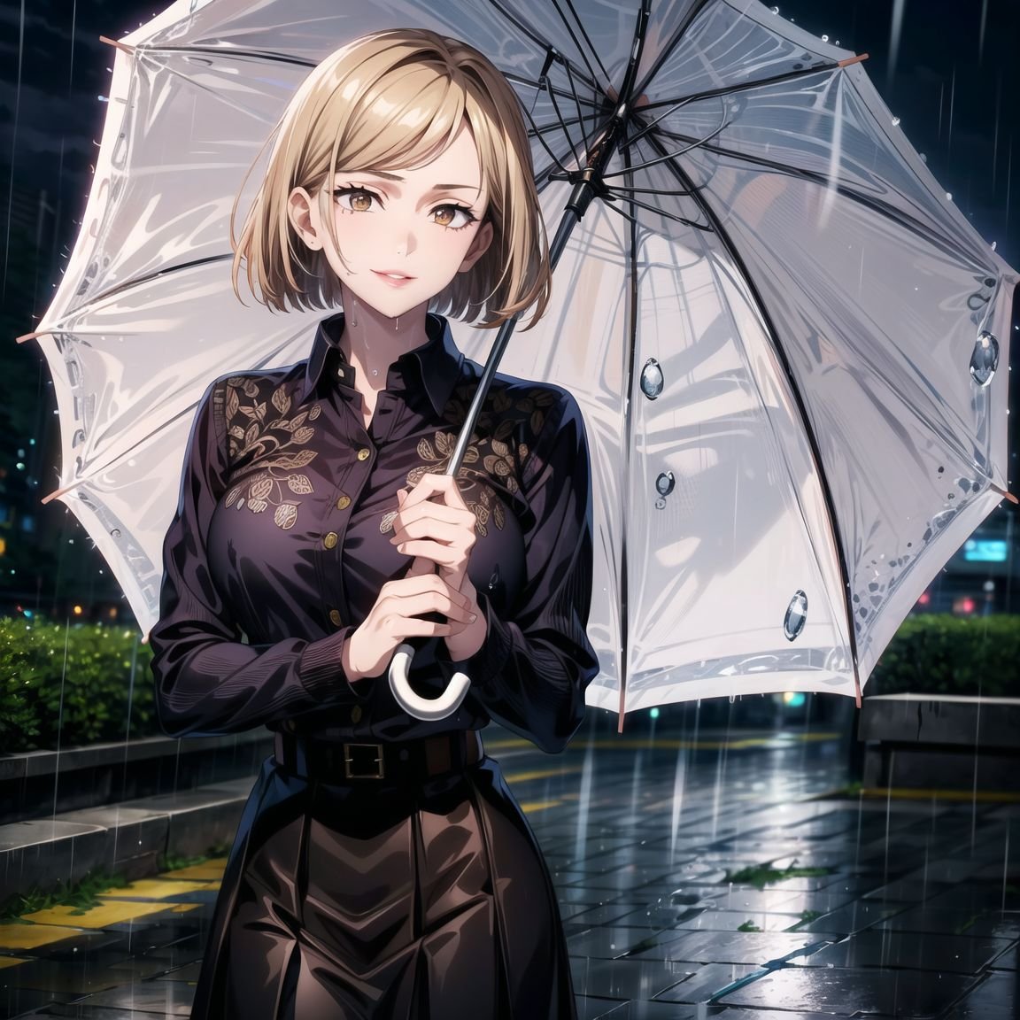 ((best quality)), ((highly detailed)), masterpiece, ((official art)), detailed face, beautiful face, (nobara kugisaki, brown eyes, brown hair), (collared shirt:1.3),holding umbrella, (water drop),(rain:1.2),(night:1.2),city, shared umbrella, umbrella, holding, water drop, puddle, solo, raincoat, leaf umbrella, sidewalk, white shirt, shirt, black skirt,pleated skirt,belt,(seductive smile),(closed mouth),(lips:1.2), outdoors, brick wall, looking at viewer, pavement, formal,long sleeves, overcast, utility pole, collared shirt, cloudy sky,intricately detailed, hyperdetailed, blurry background,depth of field, best quality, masterpiece, intricate details, tonemapping, sharp focus, hyper detailed, trending on Artstation,1 girl, high res, official art<lora:1DetailTweaker:0.6> <lora:1BeautifulEyes:0.6> <lora:1AddMoreDetails:0.2> <lora:CuartoIntentoNobara-15:0.6>