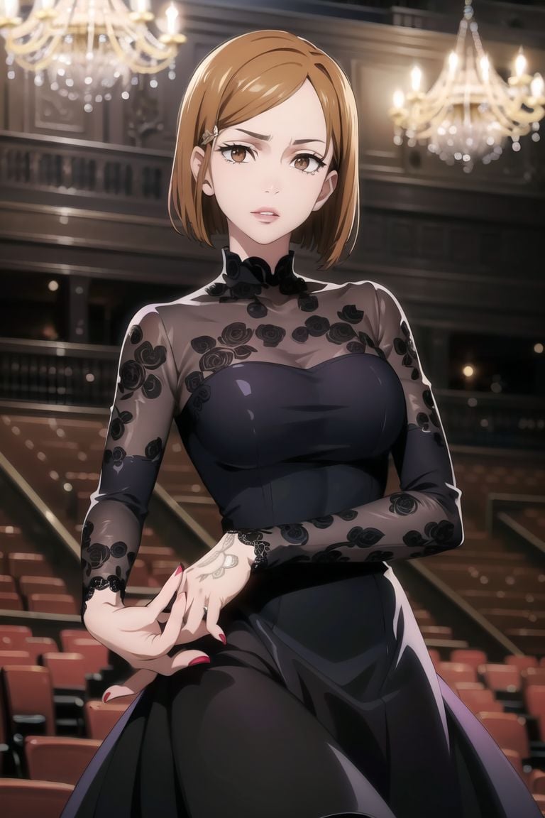 ((best quality)),  ((highly detailed)),  masterpiece,  ((official art)),  (cowboy shot), nobara kugisaki, brown eyes, lips, seductive lips, floral print, rose print, dress, long sleeves, skirt, see-through sleeves, (dancing:1.2),((black dress)), print dress,  black skirt, nail polish, scenery, chandelier,(ballroom:1.3), intricately detailed, hyperdetailed, blurry background, depth of field, best quality, masterpiece, intricate details, tonemapping, sharp focus, hyper detailed, trending on Artstation, 1 girl, high res, official art, <lora:CuartoIntentoNobara-15:0.8>