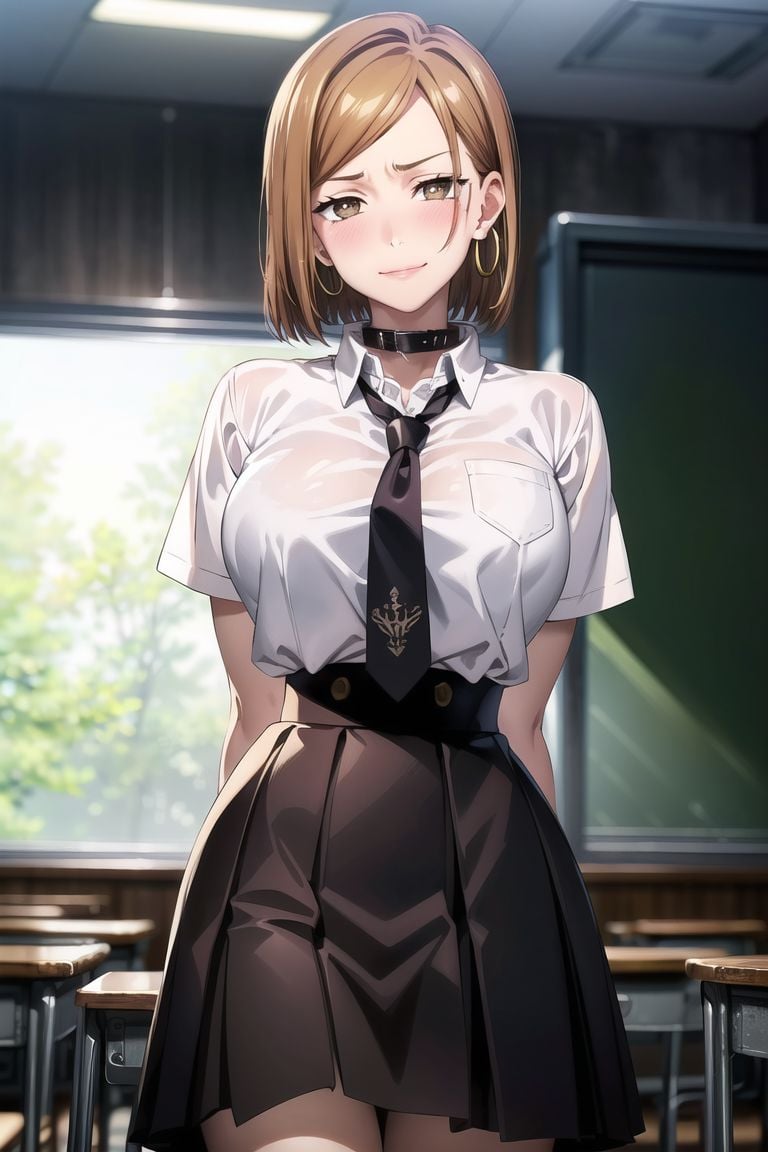 ((best quality)), ((highly detailed)), masterpiece, ((official art)), detailed face, beautiful face, (detailed eyes, deep eyes), (cowboy shot), nobara kugisaki, brown eyes, (smirk), (hoop earrings), (confident), (collar), school_girl, classroom, necktie, skirt, (large breasts), ((narrow_waist)), (high-waist skirt:1.2), school uniform, shirt, pleated skirt, black necktie, blush, arms behind back, white shirt, shirt tucked in, cowboy shot, short sleeves, intricately detailed, hyperdetailed, blurry background, depth of field, best quality, masterpiece, intricate details, tonemapping, sharp focus, hyper detailed, trending on Artstation, 1 girl, high res, official art, <lora:1DetailTweaker:0.6> <lora:CuartoIntentoNobara-15:0.7>