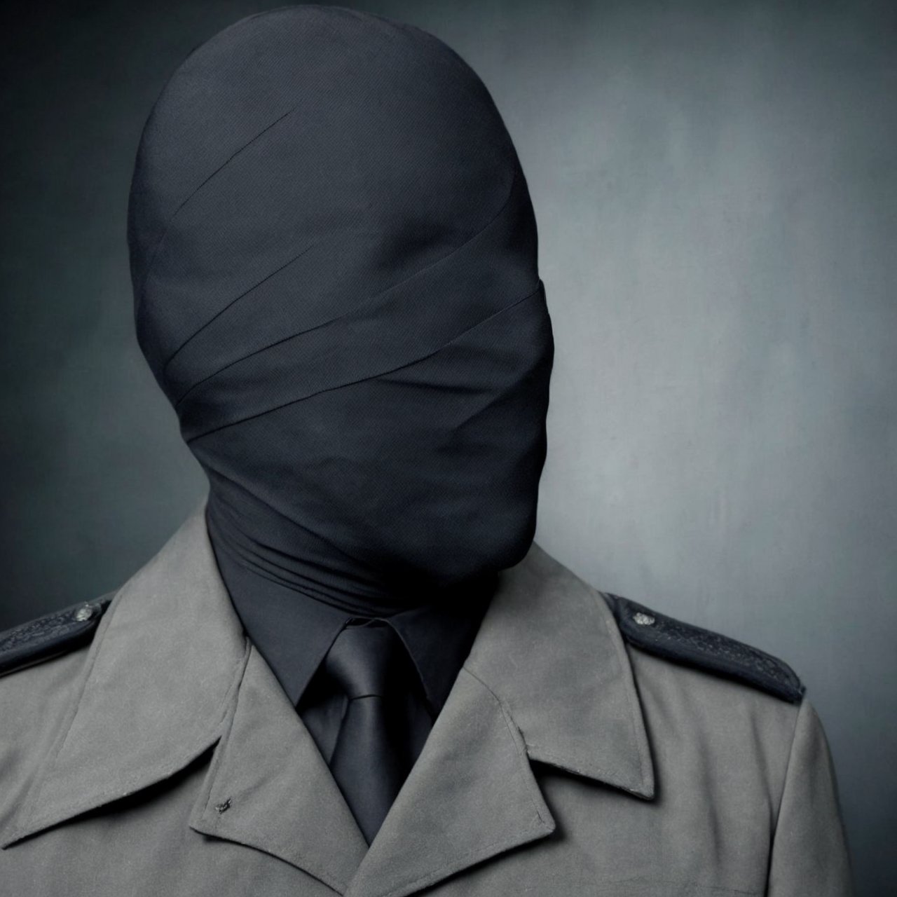a photo group three man portrait man in military black cloth, face covered with black cloth, black bg