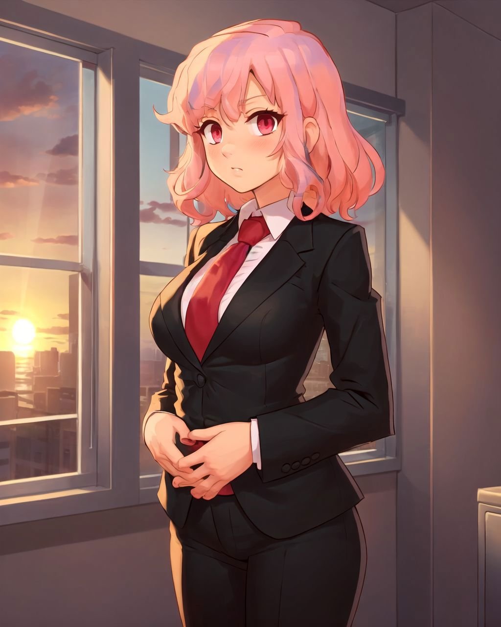 cowboy shot, pink hair, medium hair, red eyes, serious, breasts, black suit, formal suit, red necktie, office, window, sunset, <lora:Klimspree:0.7>