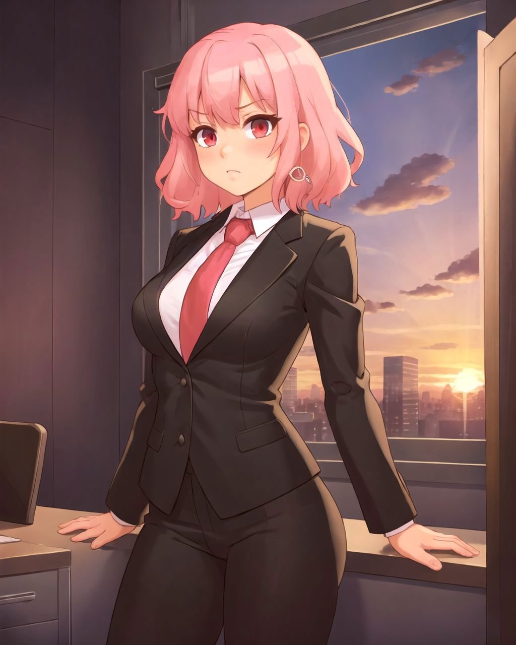 cowboy shot, pink hair, medium hair, red eyes, serious, breasts, black suit, formal suit, red necktie, office, window, sunset, <lora:Klimspree-10:0.5>