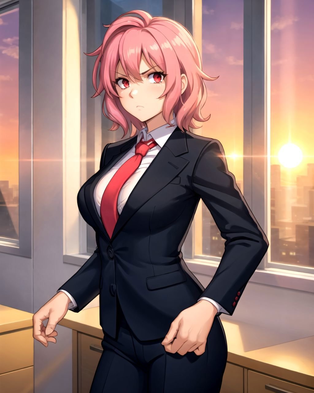 cowboy shot, pink hair, medium hair, red eyes, serious, breasts, black suit, formal suit, red necktie, office, window, sunset, <lora:Erotibot:0.7>