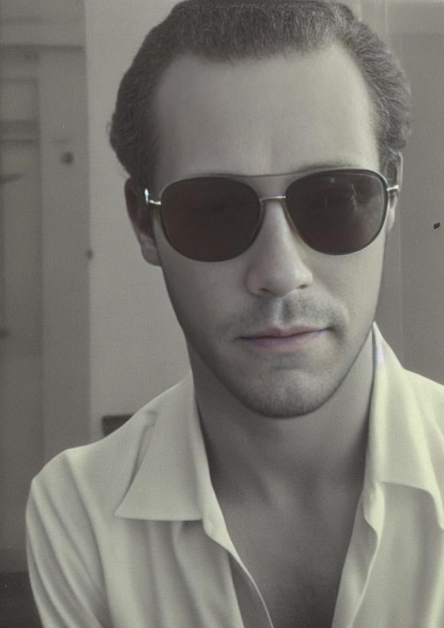 a vintage 1970s photo of skinny muscular sks man wearing sunglasses, with a big perm, wearing a white vintage 1970s tuxedo suit, red formal shirt, unbuttoned, hairy chest, smirking, looking serious, face, full body, Martin Scorsese, kodak, 35mm, disco ball in background, single person