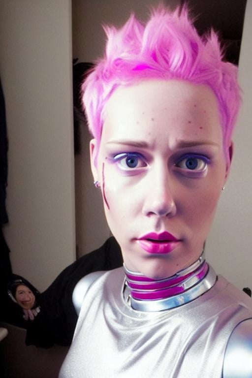 A skinny attractive sks female is an android cyborg bio mechanical person. She has pink cute hair.  Face Closeup. She is wearing a silver spandex cat suit. She's walking inside a grey desert with a night sky.