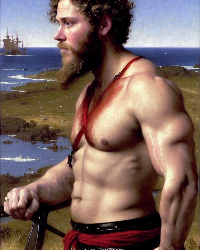 a portrait of a muscular attractive sks man as viking, bushy beard, long curly hair, cinematic, aesthetic, norman rockwell, william-adolphe bouguereau, John William Waterhouse, grant wood