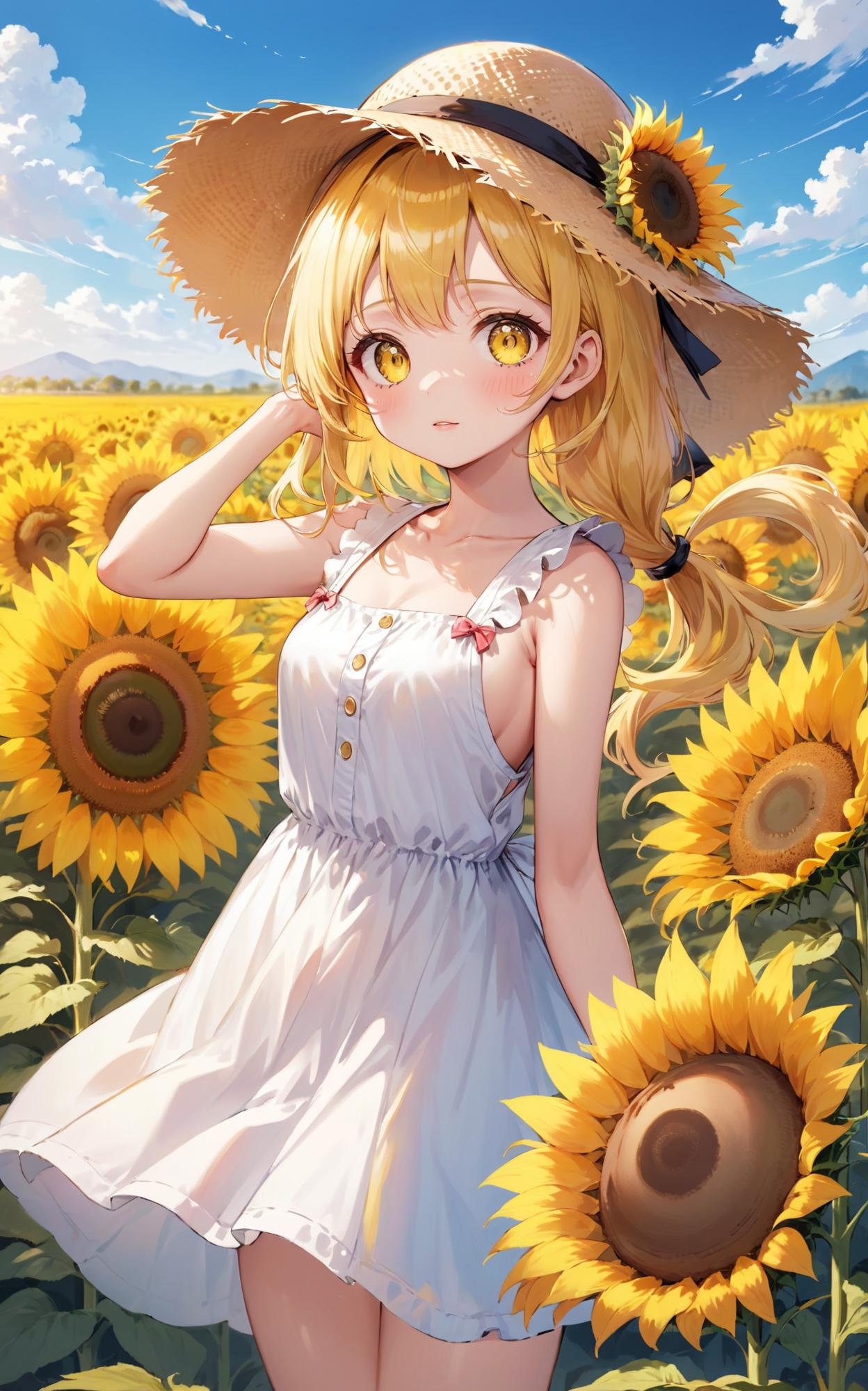 (masterpiece, top quality, best quality, official art, beautiful and aesthetic,:1.2), full body, big eye, (kawaii, cute girl, yellow eye, small face, twin-tail, yellow hair, hair:1.2), (straw hat white one piece dress, background is sunflower field)