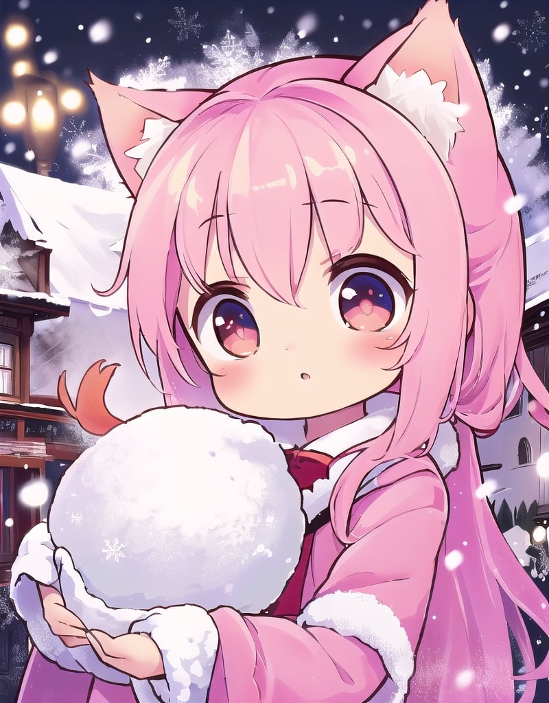 ((masterpiece)), ((best quality)), (ultra-detailed), city, town, winter, a little girl, child, solo, kindergarten, beautiful pink hair, beautiful orange eyes, ((beautiful eyes)), fox ears, snow effect