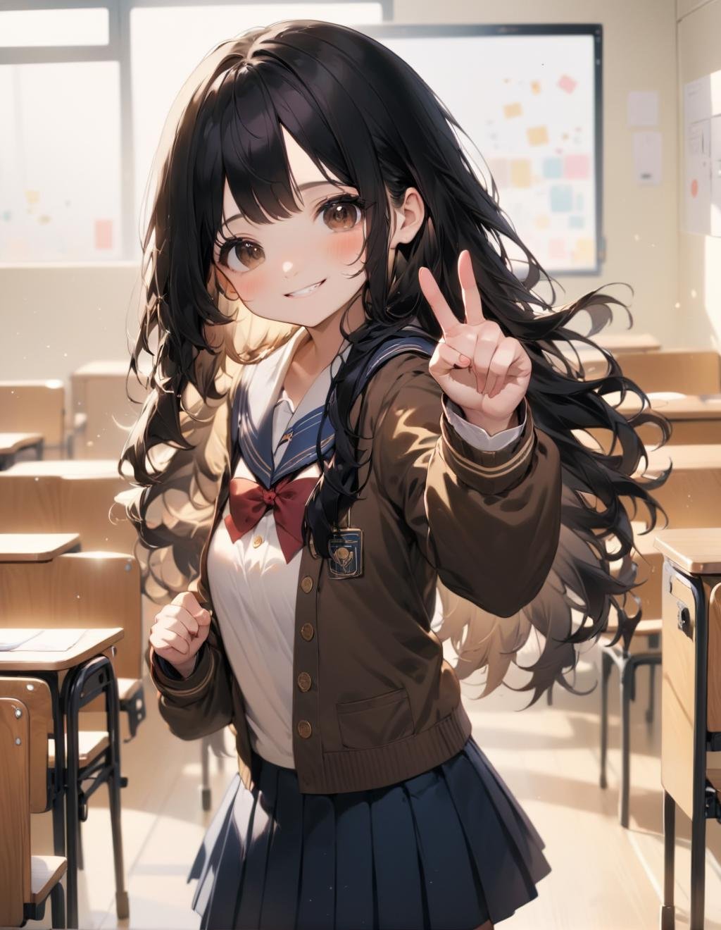 masterpiece, kawaii, anime, moe, aesthetic, 1girl, solo, looking at viewer, standing, smile, v, hand gesture, long hair, black hair, brown eyes, cute pose, school uniform, school