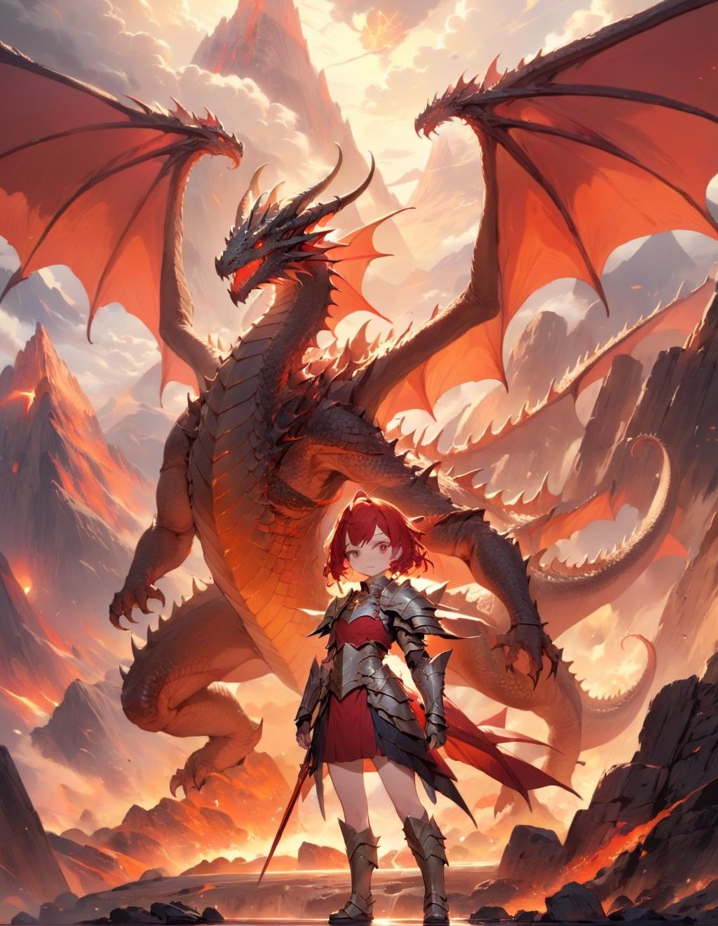 masterpiece, kawaii, anime, moe, aesthetic, 1girl, solo, dragon girl and dragon with wings, looking at viewer, standing, expressionless, horn, short red hair, red eyes, armor, volcanic mountain, scenery, clouds