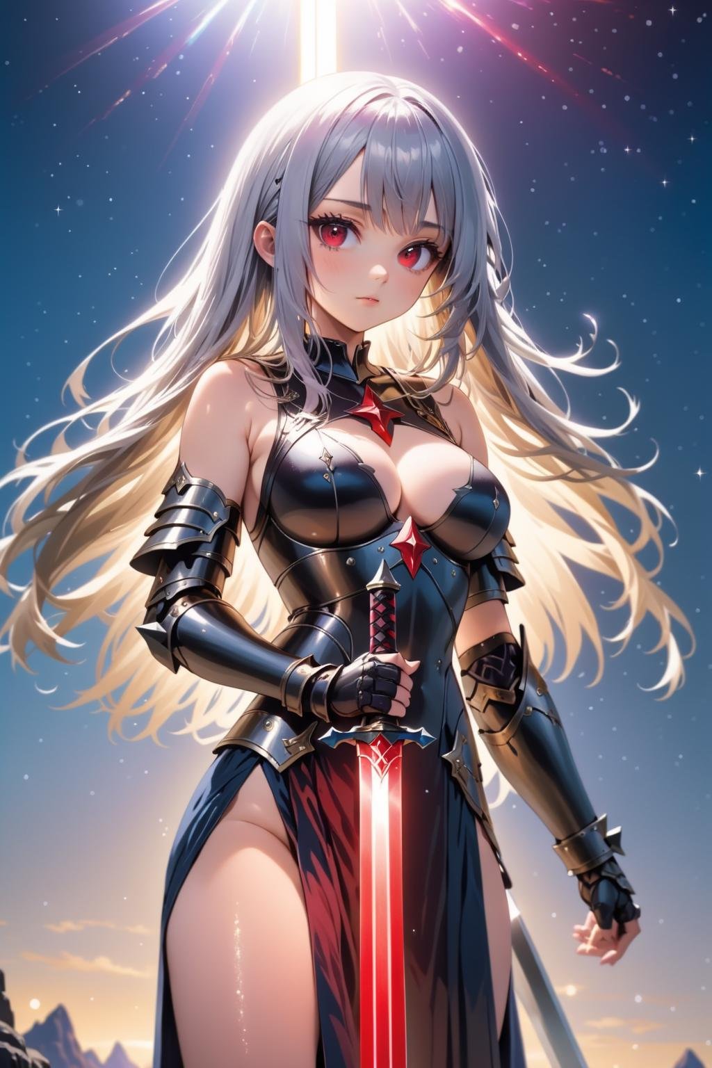 masterpiece, kawaii, anime, moe, aesthetic, extremely beautiful,1girl, solo, standing, (holding sword:1.5), front view, looking at viewer, from below, close up,silver hair, straight hair, long hair, blunt bangs, red eyes, determined, serious,large breasts, holy knight, armor dress,scenery, mountain, fantasy, midnight, night sky, sparkles, light particles, glowing light, bloom, ambient occlusion,best quality, extremely high quality, high quality, ultra quality