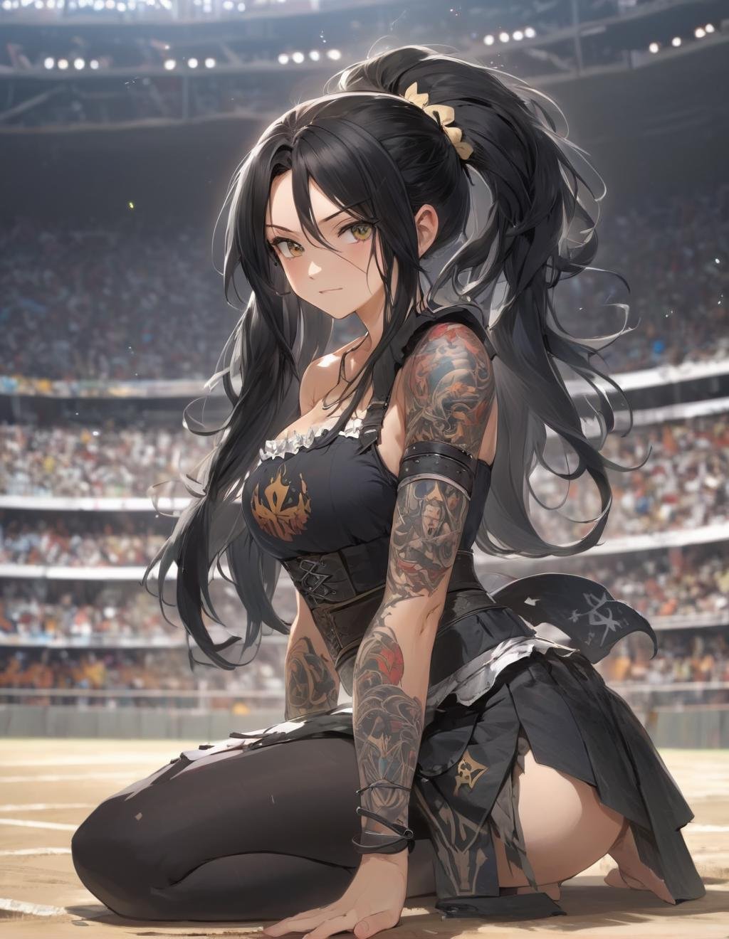 anime, (1girl, solo:1.2), teen, colored skin, tattoo, athlete, black hair, very long hair, messy hair, side ponytail, blunt bangs, silver eyes, evil grin,dirndl, kneeling, arena, no humans, looking away