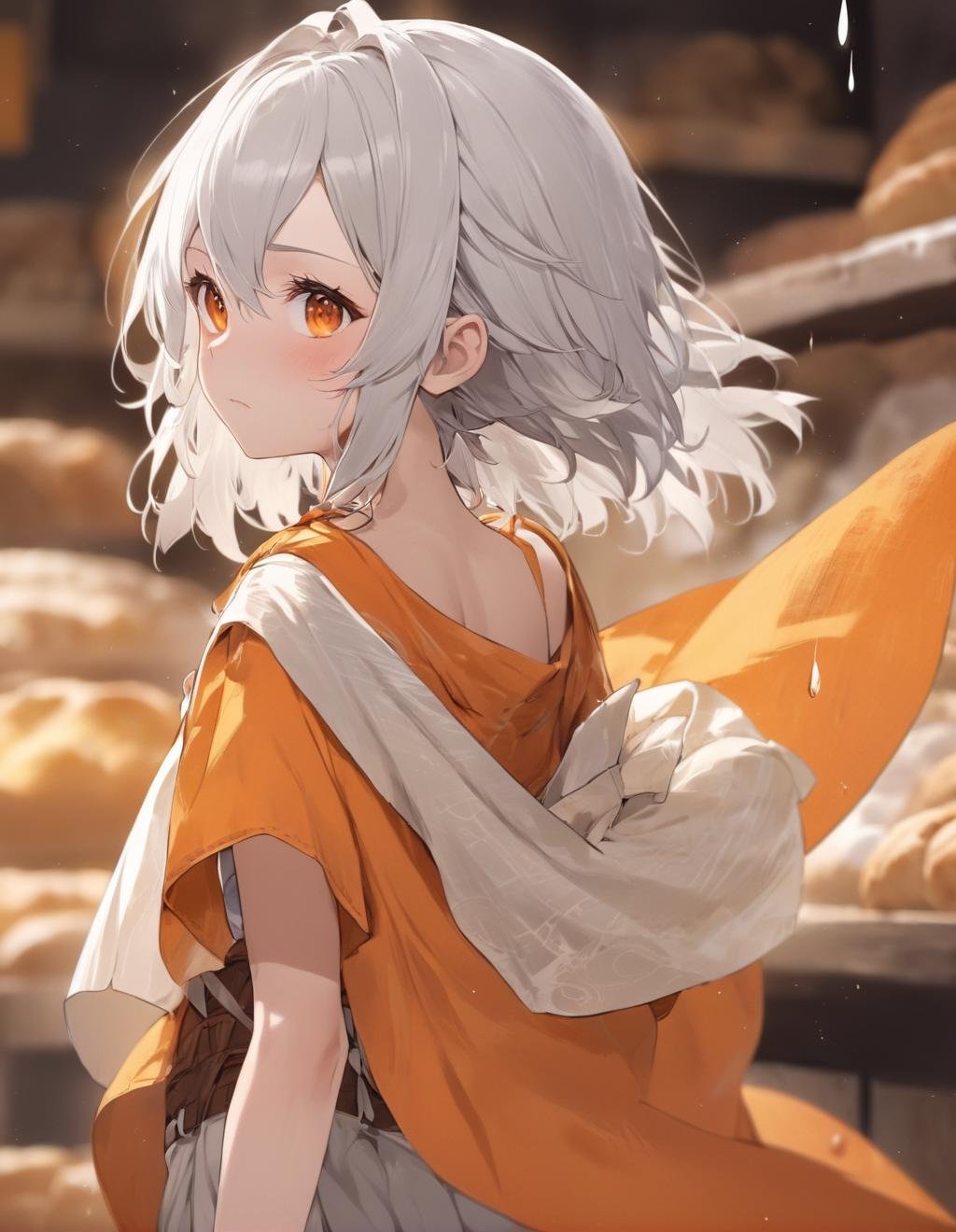 anime, (1girl, solo:1.2), early teen, shiny skin, tanlines, huge breasts, white hair, streaked hair, very short hair, wavy hair, short twintails, orange eyes, tears,poncho, bloomers, back-to-back, bakery, from side, looking at viewer