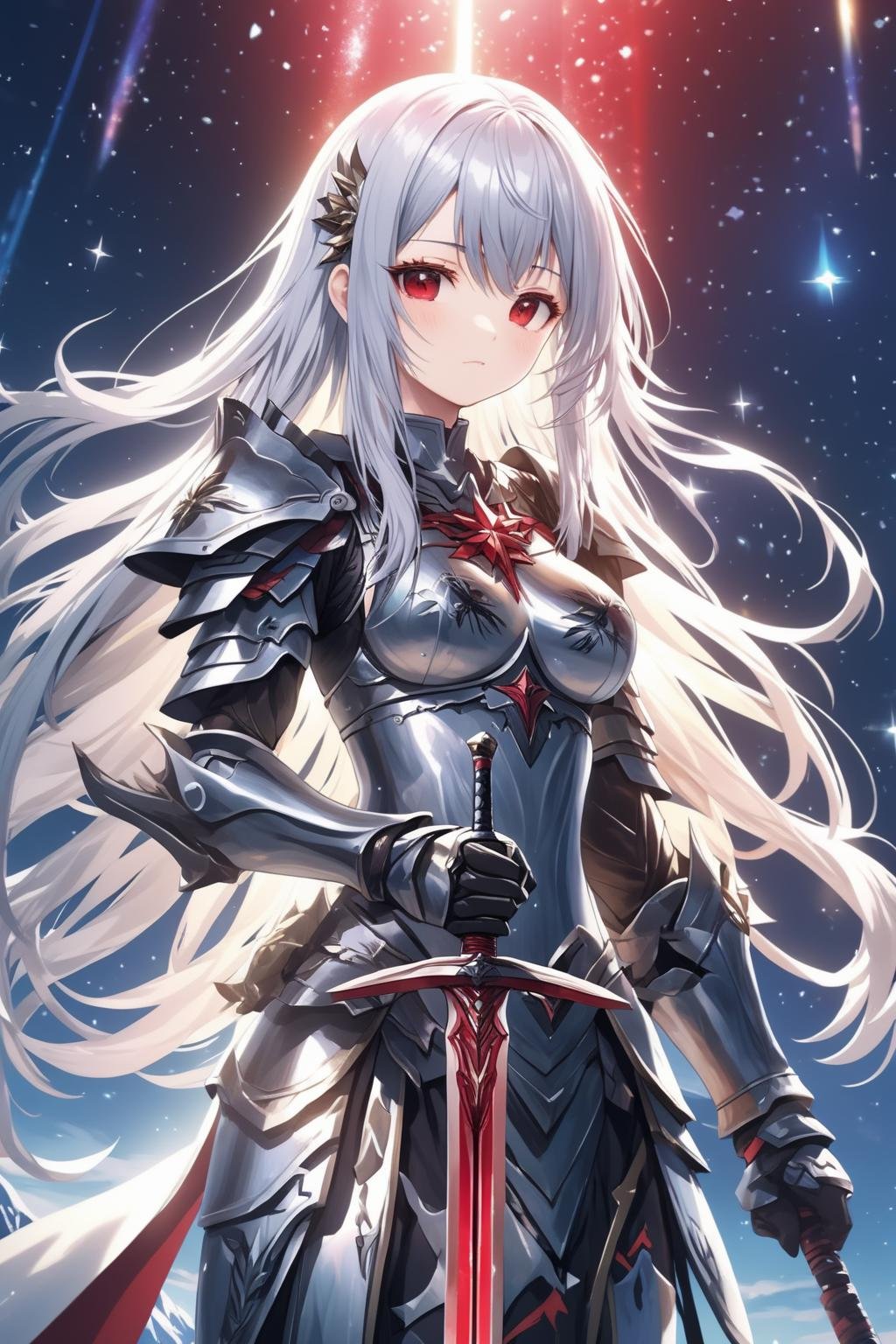 masterpiece, kawaii, anime, moe, aesthetic, extremely beautiful,1girl, solo, standing, (holding sword:1.5), front view, looking at viewer, from below, close up,silver hair, straight hair, long hair, blunt bangs, red eyes, determined, serious,large breasts, holy knight, armor dress,scenery, mountain, fantasy, midnight, night sky, sparkles, light particles, glowing light, bloom, ambient occlusion,best quality, extremely high quality, high quality, ultra quality