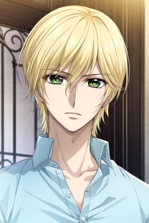 masterpiece, best quality, photorealistic, 1boy, solo, male focus, looking at viewer, , depth of field, ligne claire, , <lora:takuma_ichijou:0.74>, takuma_ichijou, blonde hair, green eyes, , ,