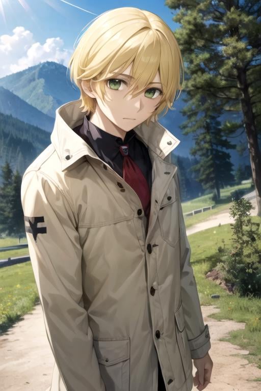 masterpiece, best quality, illustration, 1boy, solo, male focus, looking at viewer, , , ligne claire, , <lora:takuma_ichijou:0.70>, takuma_ichijou, blonde hair, green eyes, coat, , The Valley of the Damned, 4k resolution