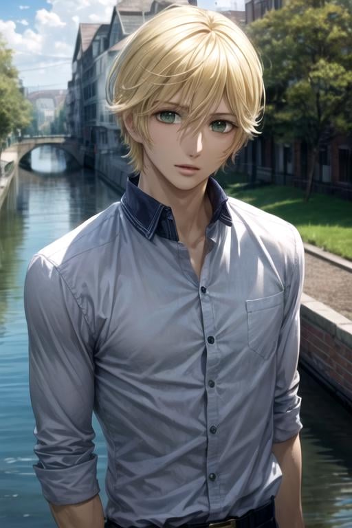 masterpiece, best quality, movie still, 1boy, solo, male focus, looking at viewer, upper body, depth of field, ligne claire, realistic, <lora:takuma_ichijou:0.68>, takuma_ichijou, blonde hair, green eyes, , canal, 16k resolution