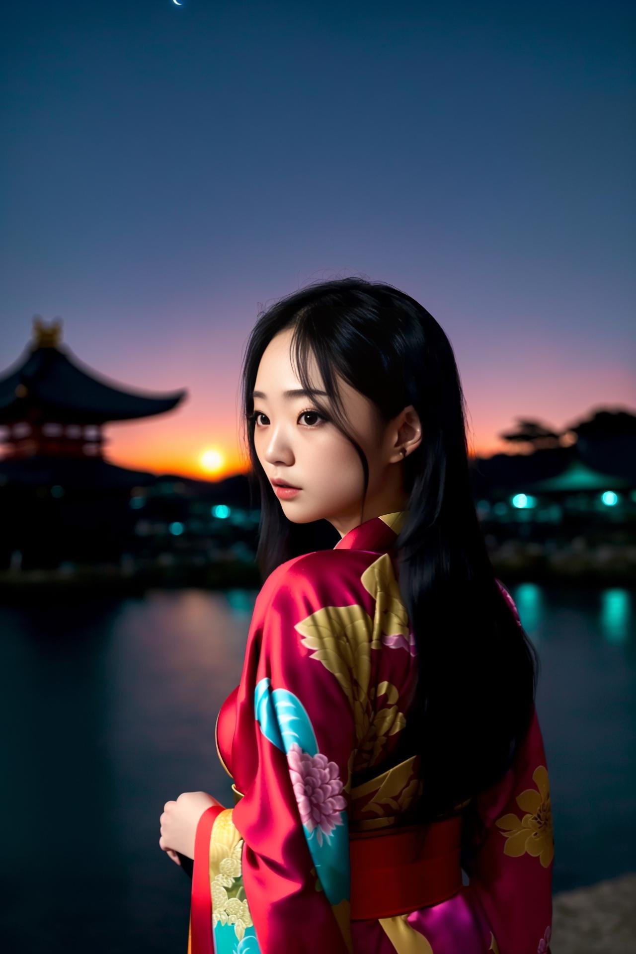 A professional (((far away landscape))) very dark under expose photo of  water, sunset,(temple in the background),Japanese cute sexy girl wearing ((red kimono)), (PureErosFace_V1),detailed cleavage, far away,masterpiece, best quality, detailed,long hair, black hair, far away(((extremely extra large world's largest DDDD breast))),(vivid colors),far away,((midnight)),far away,((late night)),far away(late at night,night-time,far away ,after dark),<lora:theovercomer8sContrastFix_sd15:0.5>,to8contrast style