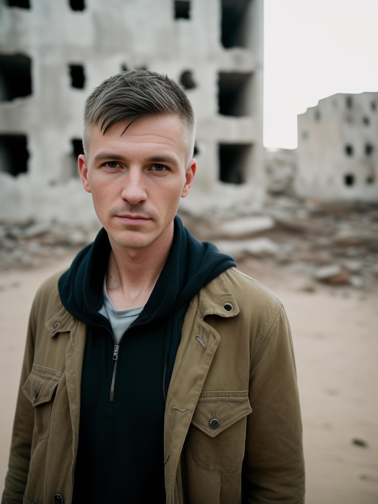 RAW photo, a close up portrait photo of brutal 45 years old man in wastelander clothes, long haircut, pale skin, slim body, background is city ruins, (high detailed skin:1.2), 8k uhd, dslr, soft lighting, high quality, film grain, Fujifilm XT3